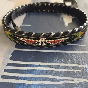 Vintage Al Beres Southwest Western Beaded Silver Stitch Black Leather Belt Sz34